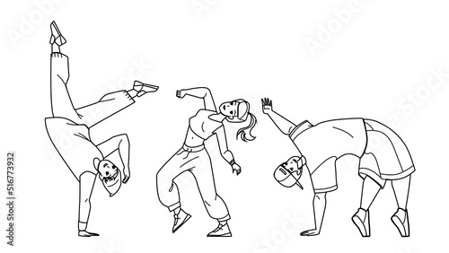 Teenagers In Dancing Class Exercising Dance Vector. Boy And Girl Teens Training Energy Break Dance Togetherness. Characters Hip Hop Practicing And Performing black line illustration