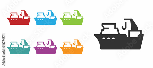 Black Fishing boat icon isolated on white background. Fishing trawler. Set icons colorful. Vector