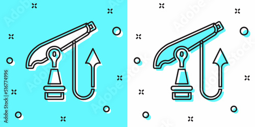 Black line Fishing harpoon icon isolated on green and white background. Fishery manufacturers for catching fish under water. Diving underwater equipment. Random dynamic shapes. Vector