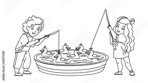 Duck Fishing Little Boy And Girl In Pool Vector. Preschooler Children Toy Duck Fishing With Rod In Basin. Characters Enjoying Amusement Park Or Fair Attraction black line illustration