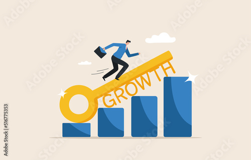 Investment key successful. Business growth. Profit from investment. Achieve financial or career goals. Businessman runs to the top of the charts with giant keys. © yellow_man