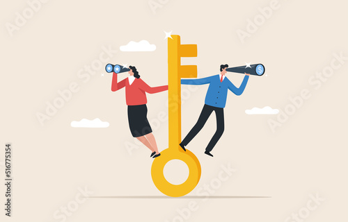 Key to Opportunity. Seizing opportunities, achieving success. .Leadership vision. motivation and inspiration concept.  Businessman standing on giant key and holding binoculars.