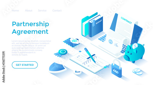 Partnership Agreement Deal Successful business concept. Online contract inspecting and signing, document with signature. Isometric illustration. Landing page template for web on white background.