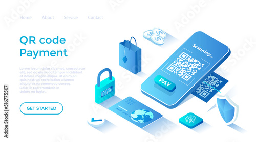 QR Code Payment. Mobile phone scans QR code. Barcode on smartphone screen. Fast cashless payments for goods and services. Isometric illustration. Landing page template for web on white background.