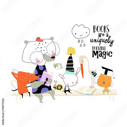 Cute Cartoon Animals sitting on Bench and reading Books