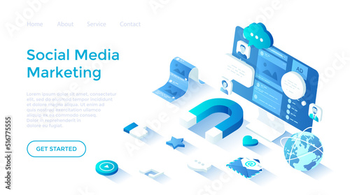 Social media marketing SMM. Marketing and communication strategy. Promotion through social networks. Magnet attracts emoticons.Isometric illustration. Landing page template for web on white background