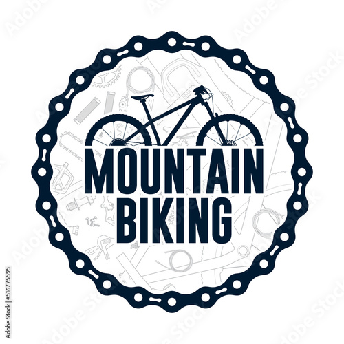 Vector dark blue simple logo circle composed of bike chain with mountain bike text.