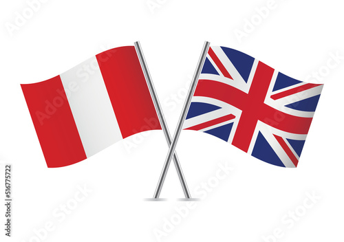 Peru and Britain crossed flags. Peruvian and British flags on white background. Vector icon set. Vector illustration.