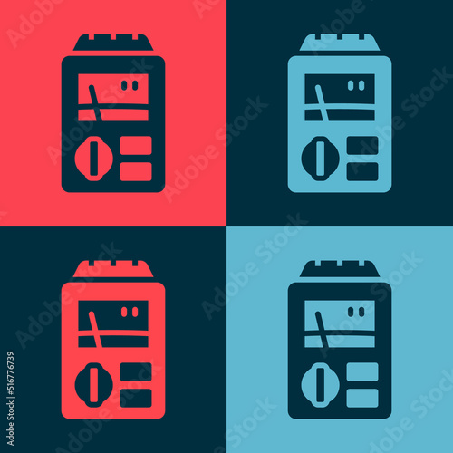 Pop art Dosimeter for measuring radiation icon isolated on color background. Gamma radiation personal dosimeter. Vector