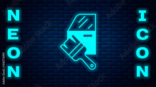 Glowing neon Car painting icon isolated on brick wall background. Car body repair process. Vector
