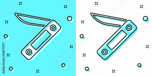 Black line Swiss army knife icon isolated on green and white background. Multi-tool, multipurpose penknife. Multifunctional tool. Random dynamic shapes. Vector