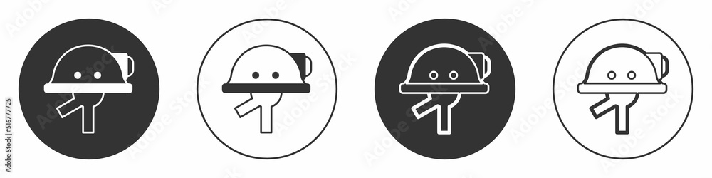 Black Miner helmet icon isolated on white background. Circle button. Vector Black Miner helmet icon isolated on white background. Circle button. Vector