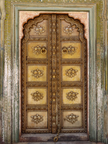 The green gate Art work Door in City Palace Jaipur,Rajasthan, India.