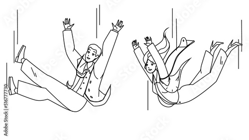 Falling Down Business People Man And Woman Vector. Businessman And Businesswoman In Formalwear Falling Togetherness. Characters Downfall In Professional Occupation black line illustration