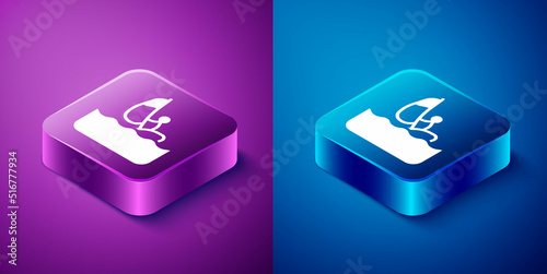Isometric Windsurfing icon isolated on blue and purple background. Square button. Vector