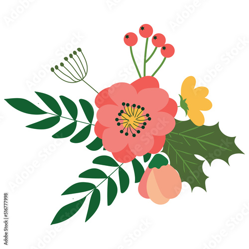 Floral composition with flowers twigs and berries in pastel colors. Holiday card template design element for patterns