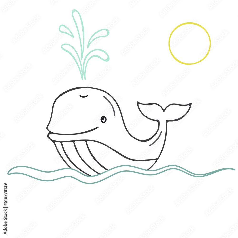 Cute cartoon whale with fountain isolated on white background. Hand drawn styled design. Cute cartoon whale with fountain isolated on white background. Hand drawn styled design.