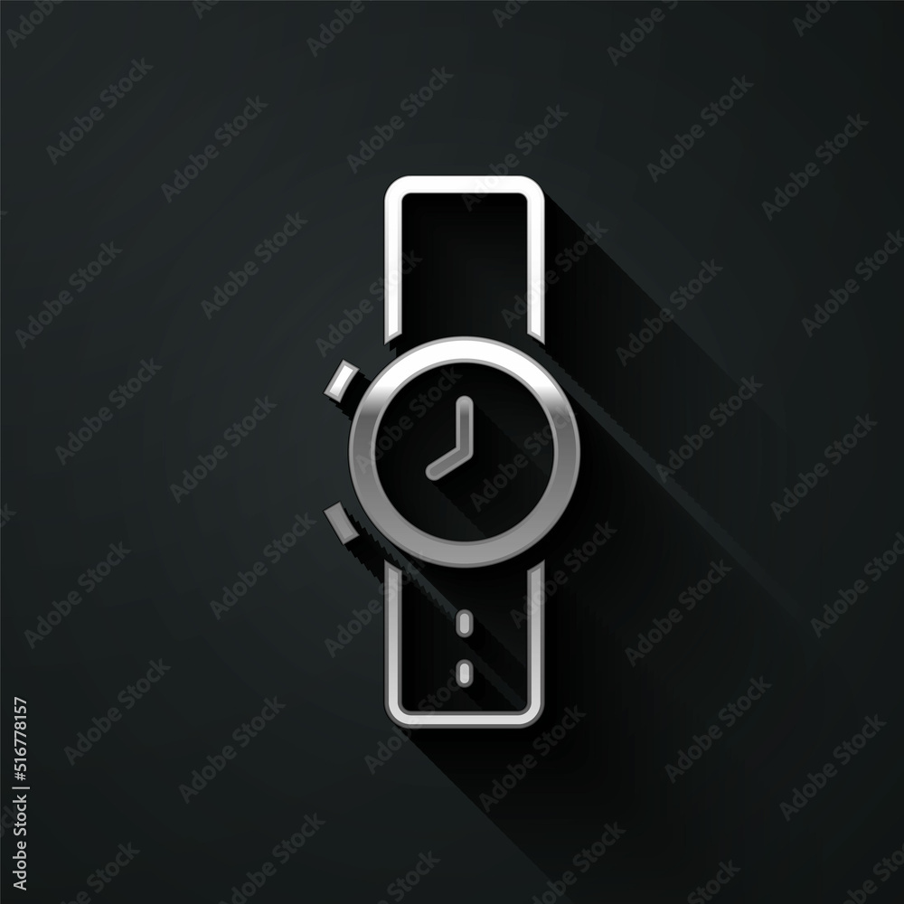 Silver Wrist watch icon isolated on black background. Wristwatch icon. Long shadow style. Vector Silver Wrist watch icon isolated on black background. Wristwatch icon. Long shadow style. Vector