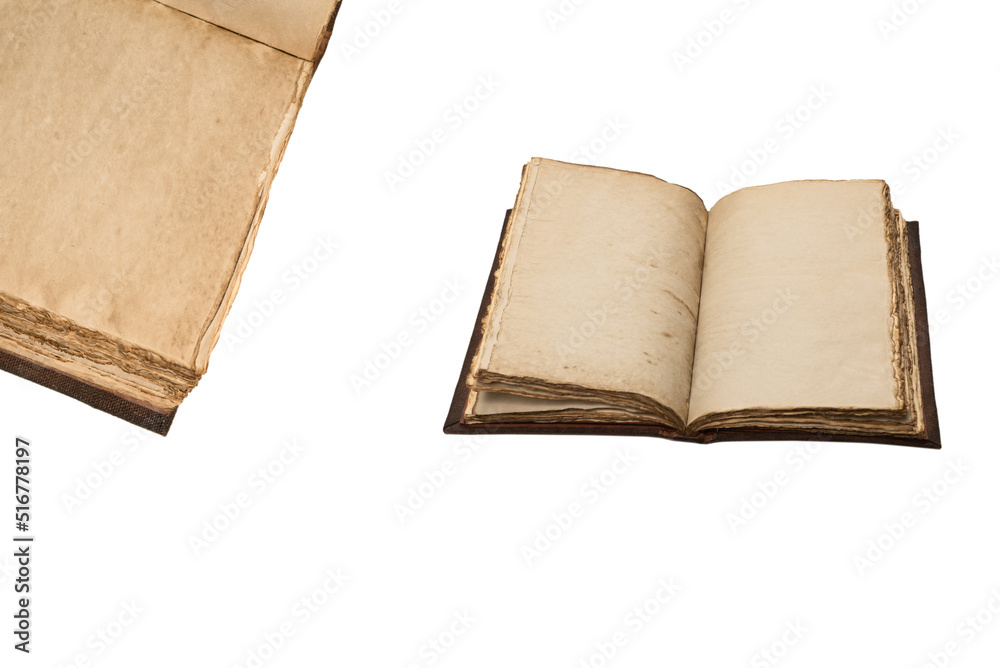 An open empty old notebook isolated on a white background. An open empty old notebook isolated on a white background.