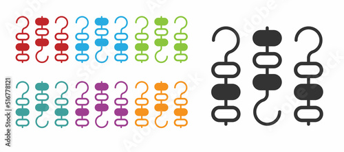 Black Grilled shish kebab on skewer stick icon isolated on white background. Meat kebab on skewer stick. Picnic with grilled meat. Set icons colorful. Vector