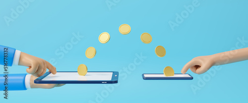 Money transfer on tablet between smartphones, receiving payment with smartphone, digital bank or electronic wallet phone app, financial savings transfer or pay transaction concept, 3d rendering