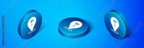 Isometric Auction hammer icon isolated on blue background. Gavel - hammer of judge or auctioneer. Bidding process, deal done. Auction bidding. Blue circle button. Vector