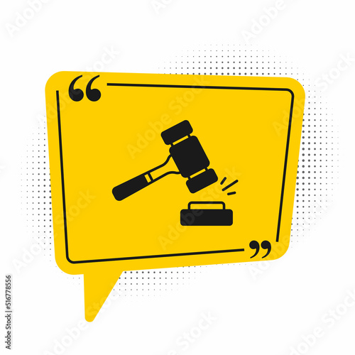 Black Auction hammer icon isolated on white background. Gavel - hammer of judge or auctioneer. Bidding process, deal done. Auction bidding. Yellow speech bubble symbol. Vector