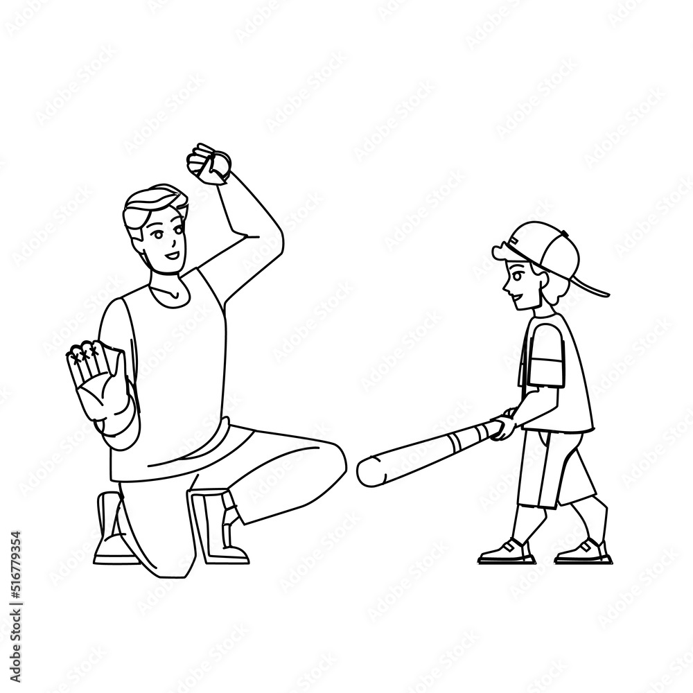 father son baseball vector. family dad child, catch ball, playing park