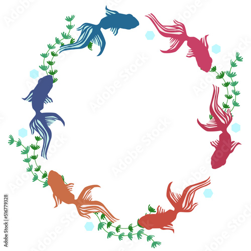 金魚の並んだ丸フレームのイラスト