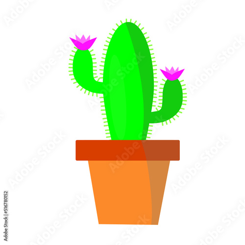 Blooming cactus in the pot. Domastic plant. Cactus with flowers. Flat vector illustration.