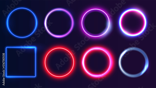 A set of colorful modern neon glowing circles isolated on a black background. Layout for advertising or banner, frame, circle. Vector illustration © ZinetroN