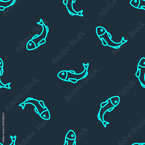 Green line Dried fish icon isolated seamless pattern on blue background. Vector