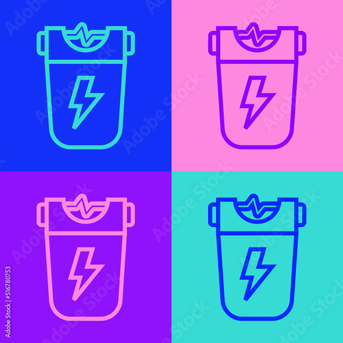 Pop art line Police electric shocker icon isolated on color background. Shocker for protection. Taser is an electric weapon. Vector