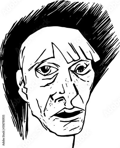 Contemporary portrait vector illustration. Black and white face linocut.