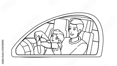 father son drive vector. dad kid car, boy vehicle, happy trip instructor father son drive character. people black line pencil drawing vector illustration