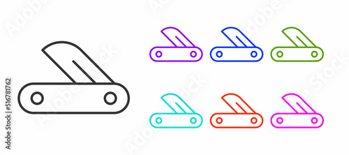 Black line Swiss army knife icon isolated on white background. Multi-tool, multipurpose penknife. Multifunctional tool. Set icons colorful. Vector