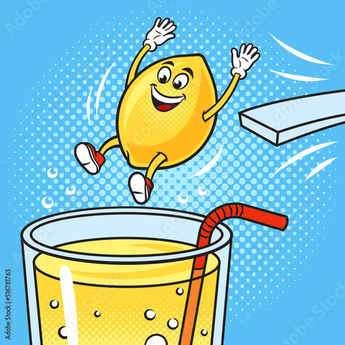 cartoon lemon diving into a glass of juice pop art retro vector illustration. Comic book style imitation.