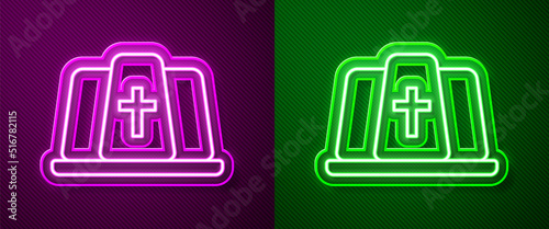 Glowing neon line Pope hat icon isolated on purple and green background. Christian hat sign. Vector