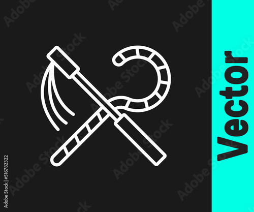 White line Crook and flail icon isolated on black background. Ancient Egypt symbol. Scepters of egypt. Vector