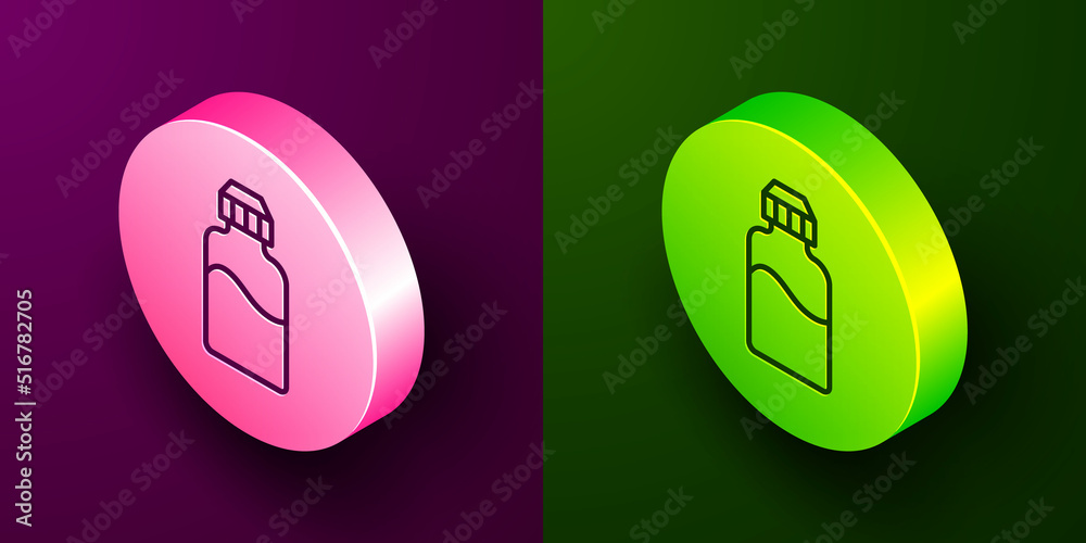 Isometric line Vape liquid bottle for electronic cigarettes icon isolated on purple and green background. Circle button. Vector Isometric line Vape liquid bottle for electronic cigarettes icon isolated on purple and green background. Circle button. Vector