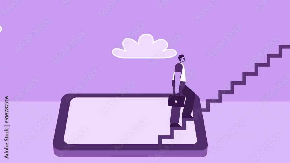 Purple Style Man with Briefcase Flat Character Climbing Stairs from Smartphone. Isolated Loop Animation with Alpha Channel Purple Style Man with Briefcase Flat Character Climbing Stairs from Smartphone. Isolated Loop Animation with Alpha Channel