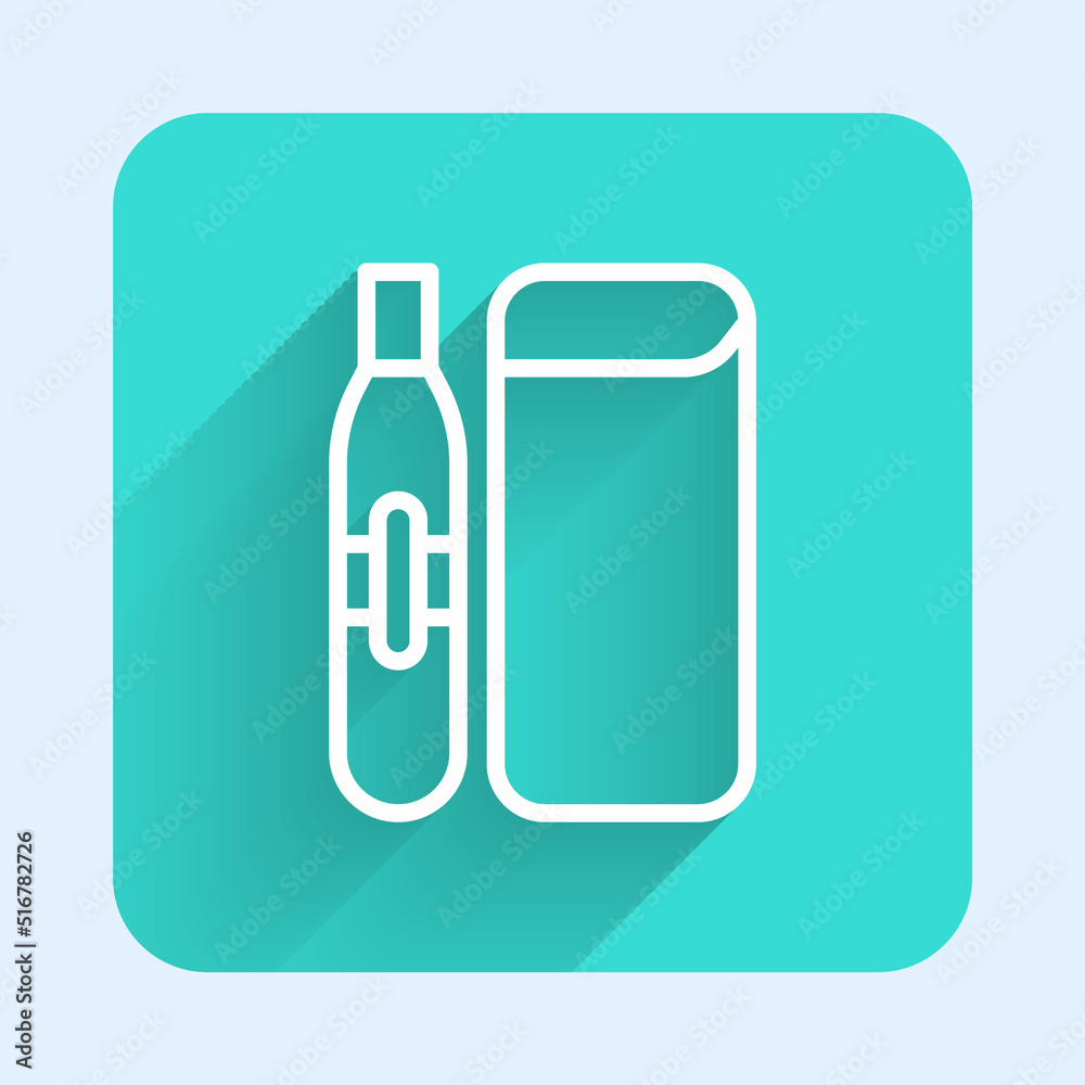 White line Electronic cigarette icon isolated with long shadow background. Vape smoking tool. Vaporizer Device. Green square button. Vector White line Electronic cigarette icon isolated with long shadow background. Vape smoking tool. Vaporizer Device. Green square button. Vector