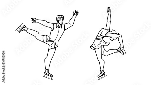 figure skating vector. skater dance, winter professional competition arena, sport show figure skating character. people black line pencil drawing vector illustration