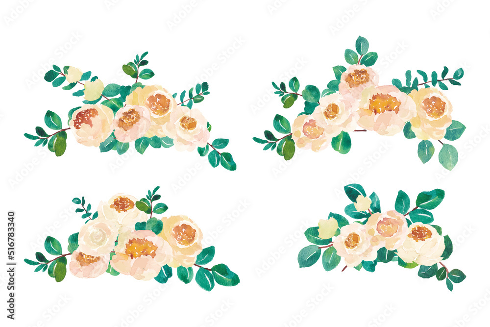 Obraz premium Watercolor flowers white peony with eucalyptus bouquet arrangement for wedding invitation decoration