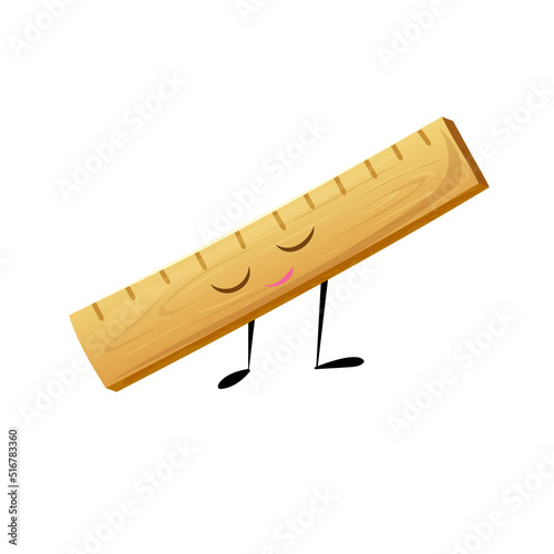 Cute ruler character vector cartoon illustration isolated on white. Smiling happy wooden ruler with eyes and mouth. school item or supply, great for mascot or back to school design. Kawaii personage