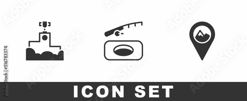 Set Award winner podium, Winter fishing and Location with mountain icon. Vector