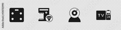 Set Smart bathroom scales, coffee machine, Web camera and Multimedia and TV box receiver icon. Vector