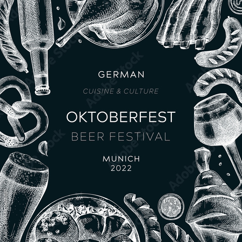 Oktoberfest background. German food and drinks menu design. Vector meat dishes sketches. German cuisine frame on chalkboard. Traditional beer festival illustration in sketched style.