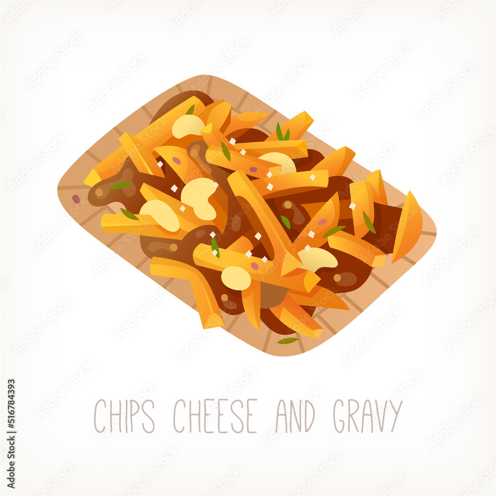 Classic traditional dish of British street food. Chips cheese and gravy.  French fries with gravy and cheese curds. Vector image good for menu, bodega posters, shop labels or packaging designs.