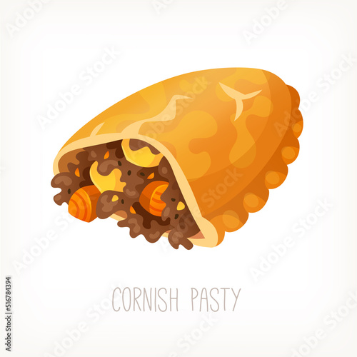 Classic traditional dish of British street food. Cornish pasty. Cornwall baked pie with grinded meat and vegetables. Vector image good for menu, bodega posters, shop labels or packaging designs.